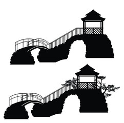 oriental style wooden pavilion with pine trees and arch bridge black and white vector silhouette design set