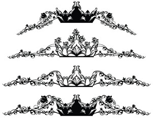 fairy tale queen crown decorated with rose flower stems forming elegant page border line - black and white vector design set