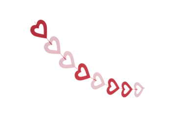 Delicate garland of interconnected red and pink paper-cut hearts isolated on transparent background