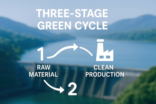 Three stage green cycle raw material arrow clean production circular process sustainability environmental energy dam landscape calm