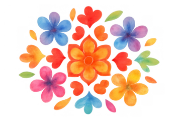 Watercolor floral mandala pattern creating a vibrant arrangement with colorful blossoms and leaves on transparent background
