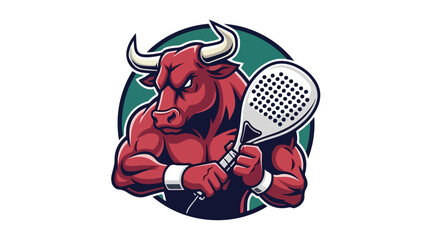 Mascot Design Powerful Bull Holding a Padel Tennis Racket with Muscular Physique