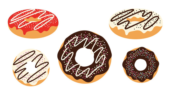 A collection of five colorful frosted donuts with sprinkles and drizzles on a white background.
