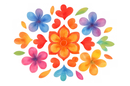 Watercolor floral mandala pattern creating a vibrant arrangement with colorful blossoms and leaves on transparent background
