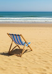Peaceful seaside view featuring a classic striped deckchair resting on warm golden sand, ready for tranquil summer relaxation ,leisure ,idyllic ,summer