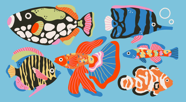 Various exotic Fish set. Different species. Beautiful colorful aquarium, sea, ocean fish. Hand drawn Vector illustration. Isolated design elements. Tropical underwater wildlife, coral reef concept