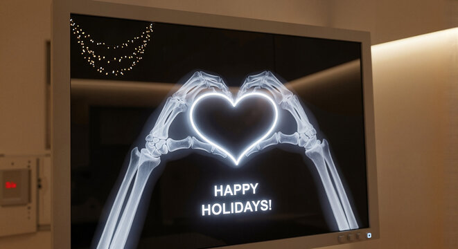 X-ray image of hands forming a heart for medical greeting cards or holiday promotions in hospitals