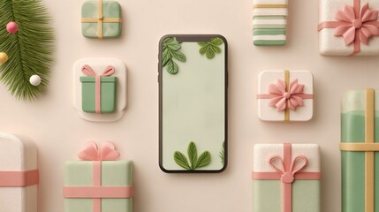 Digital marketing hero image: smartphone showing brand app, gift icons made of recycled paper, green leaf patterns, soft pastel holiday background