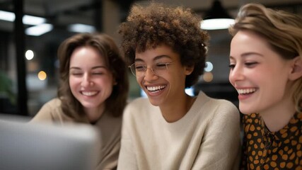 Startup female founder and creative director celebrating small milestone with team in modern office, tears of joy and laughter evident — concept of entrepreneurial emotional leadership, creative