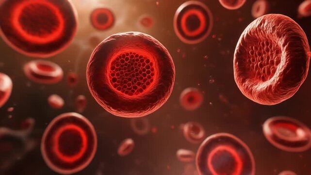 Close-up view of numerous red blood cells in a biological fluid, showing their characteristic biconcave disc shape and internal structure.