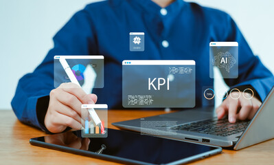 business professional analyzing KPI dashboards with AI-powered data insights on digital devices, showcasing performance metrics, analytics visualization, and modern business intelligence technology.