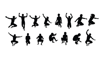 Dynamic jumping and squatting people silhouettes isolated on white background, Vector