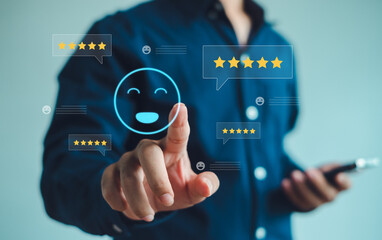 business user interacts with a digital customer rating interface, highlighting five-star reviews, positive feedback, and satisfaction metrics in a modern online service experience environment.