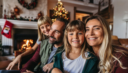 Cheerful family gathers for Christmas celebration, enjoying warmth and love by the decorated tree and cozy fireplace for a memorable holiday season
