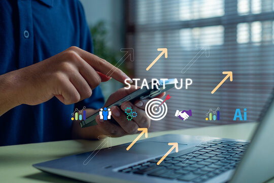 modern startup concept showing a person using a smartphone and laptop with digital icons representing AI, teamwork, analytics, business growth, ideal for technology, innovation, and strategy themes.
