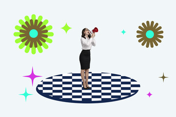 Collage of joyful fashion model in retro colorful bohemian patterns background evoking vintage style artistic flair