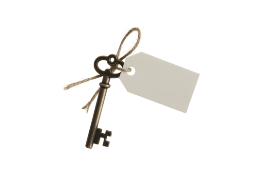 Vintage skeleton key with blank white paper tag isolated on transparent background