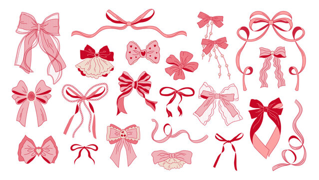 Whimsical red and pink bows, coquette elements made of ribbons, ruffles, and lace