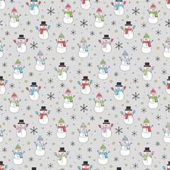 Christmas seamless texture with cute cartoon snowman. Vector illustration