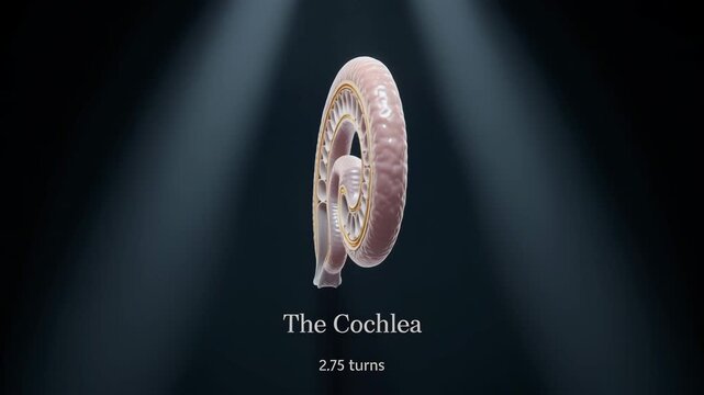 Human cochlea cross-section showing intricate internal anatomy and structure of the auditory organ with 2.75 turns