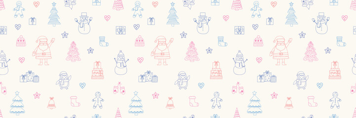Christmas seamless pattern with cartoon characters and decorations. Vector illustration