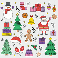 Colourful  hand drawn Christmas decorations. Set with cute Santa Claus, snowman, cookie and tree. Vector illustration