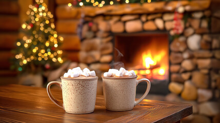 Two cozy mugs of hot chocolate topped with marshmallows sit on a wooden table, with a warm fireplace and festive decorations creating a holiday atmosphere