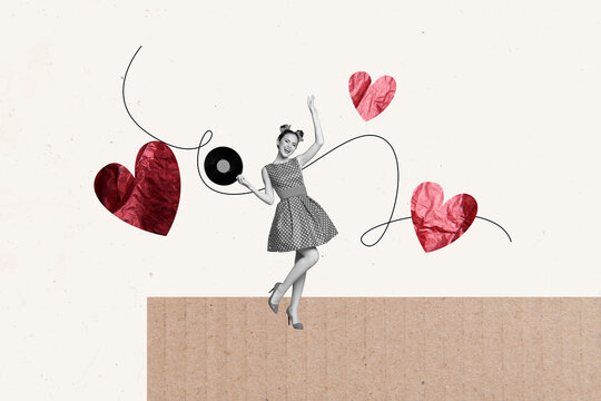 3d trend banner collage of happy pinup girl dance vinyl disk celebration valentine day holiday event music chill blogging reaction