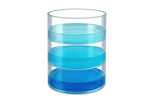 Petri dishes inside a glass cylinder showing blue liquid science experiment growth chemical analysis