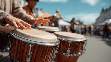Hands playing bongo drums outdoors