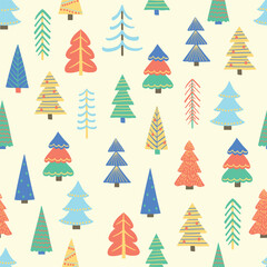 Christmas tree background. Seamless pattern design with hand drawn ornaments. Wallpaper concept. Vector illustration