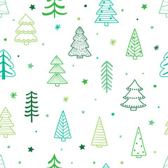 Christmas seamless pattern with cute cartoon trees and snowflakes. Wallpaper design. Vector illustration