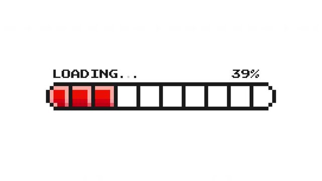 Red pixel retro loading bar animation with segmented progress blocks moving in a classic game style ProRes Alpha Channel 4K 60fps