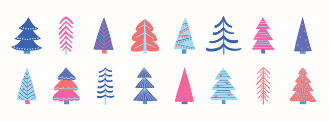 Hand drawn Christmas tree icon set. X-Mas decorations. Vector illustration