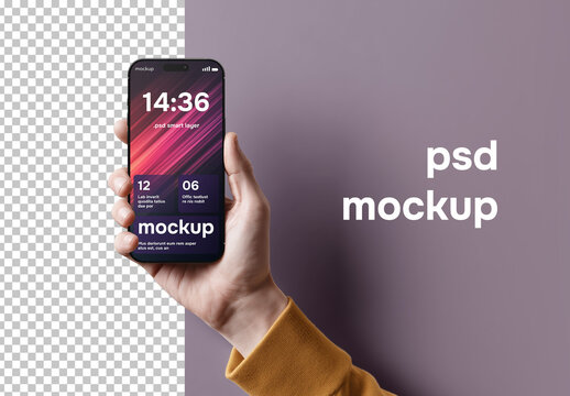 Smartphone Mockup in Hand Against Minimal Background &ndash; PSD Smart Layer Display
