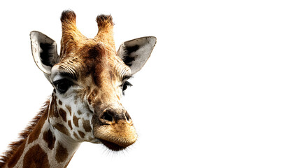 Obraz premium Brown giraffe portrait with white space. Great animal close-up for poster design, print materials, social media posts.