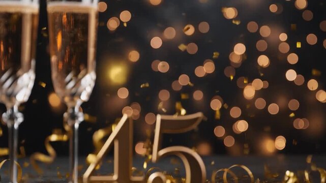 Golden number 45 with sparkling confetti and a champagne glass, creating an elegant celebration scene with warm bokeh lights.