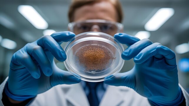 A cinematic close-up of a scientist's hands (wearing gloves) holding a petri dish with a catalyst material for a fuel cell. - Powered by Adobe