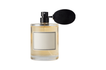 Clear glass perfume bottle with blank label and spray nozzle isolated on transparent background