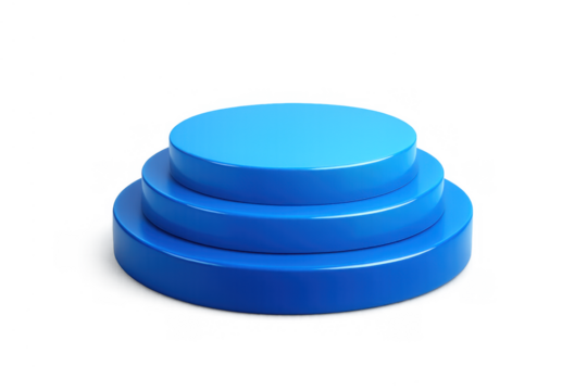 Blue geometric podium creating a pedestal for product presentation or award. Minimalist tiered platform for winner