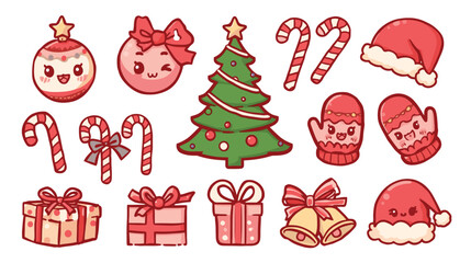Cute Christmas Kawaii Style Illustration with Ornaments Candy Canes Gifts and Bells