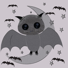 Cute cartoon bat with big eyes on a crescent moon surrounded by stars and bats