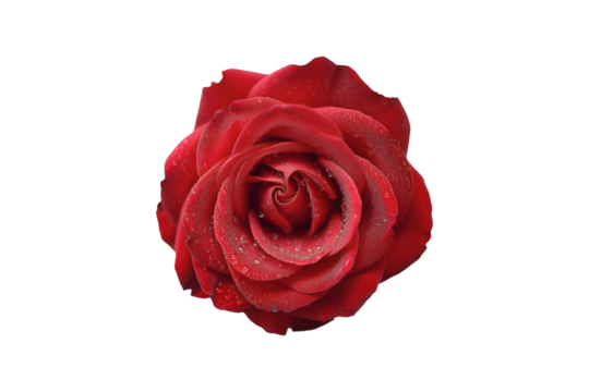 Close-up of single vibrant red rose petal with water droplets isolated on transparent background