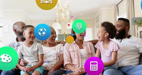 Midadult woman gesturing on couch, family watching, education icons floating and engaging children