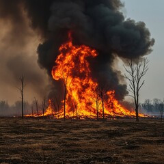 Powerful inferno spreading across a dry forest, with thick smoke plumes rising into the sky. A devastating natural event ,smoke ,fire ,landscape