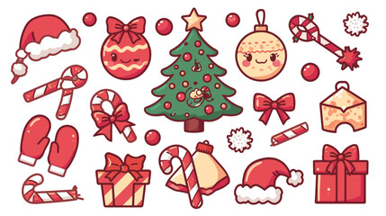 Cute Christmas Cartoon Elements Santa Hats Ornaments Candy Canes Gifts and a Tree