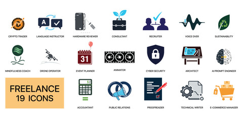 Collection of freelance and business related icons on a white background