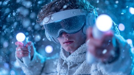 Young man wearing virtual reality headset in snowy environment with glowing controllers and immersive experience