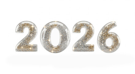 Sparkling white 2026 text New Year celebration with festive silver and gold glitter numbers