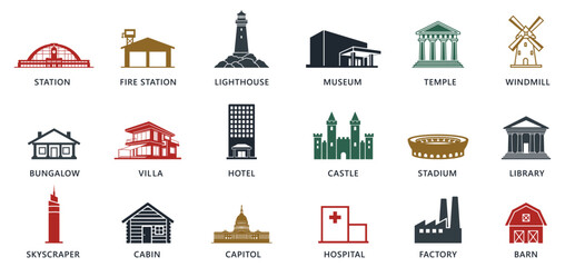 Collection of famous landmarks and buildings around the world in silhouette style